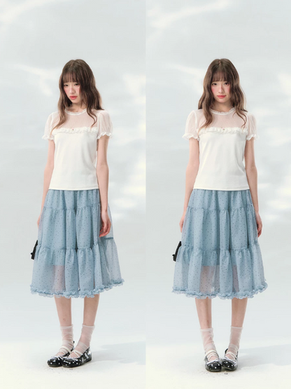 “Soft Candy Stardust” Lace Mesh Puff Sleeve Tee  LL2026149