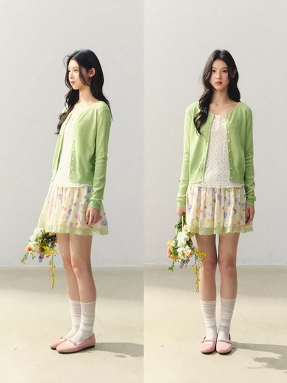"Summer Meadow Sky" Knit Cardigan & Floral Pleated Skirt Set LL2026010