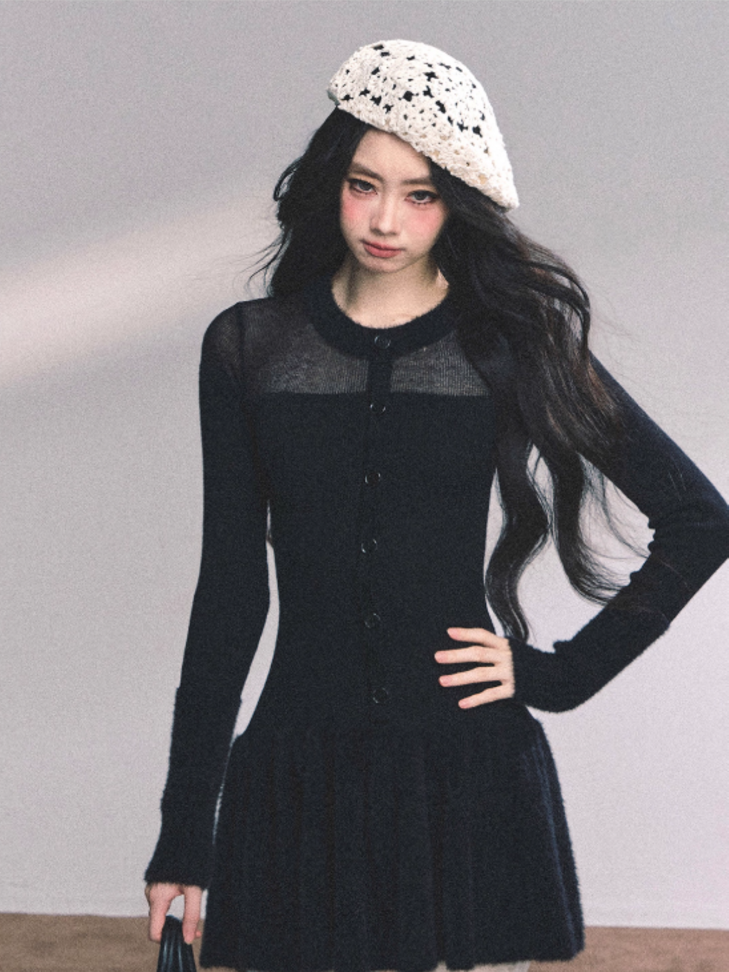 "小野莉娜" French Knit Slim-Fit Waist Black Dress
