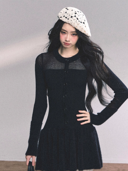 "小野莉娜" French Knit Slim-Fit Waist Black Dress