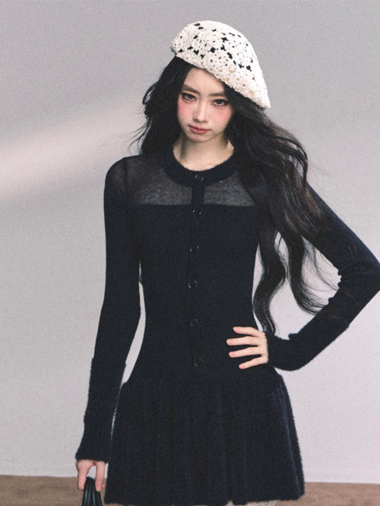 "小野莉娜" French Knit Slim-Fit Waist Black Dress