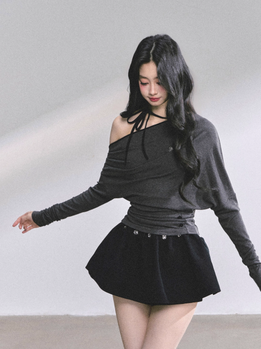 少也眼 K-pop Trainee Off-Shoulder Halter Long Sleeve Top (Grey)