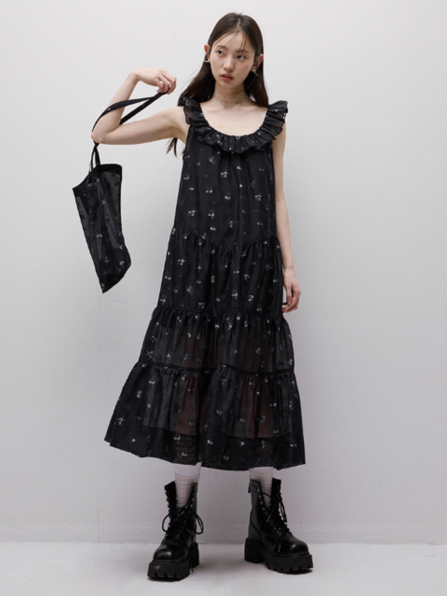 FUSSED Dropping Flora Burnout Floral Babydoll Maxi Dress – Dark Blue Floral FOF-25SS047b