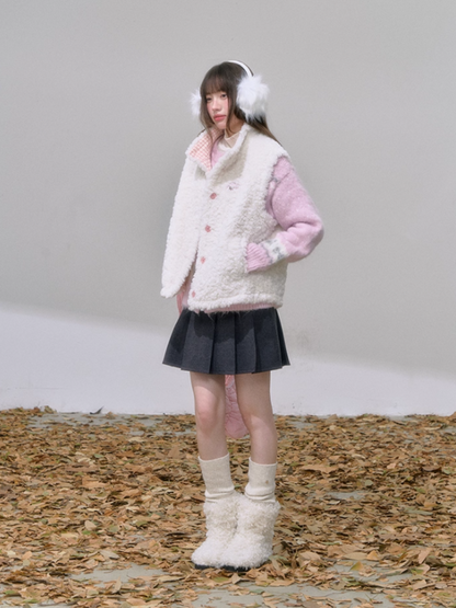 "格调翻转" Reversible Soft Girl Vest – Faux Fur & Pastel Pink Plaid Gilet