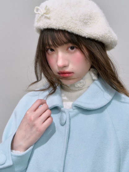 "风吟花语" Sugar Blue A-Line Wool Coat with Detachable Floral Pockets