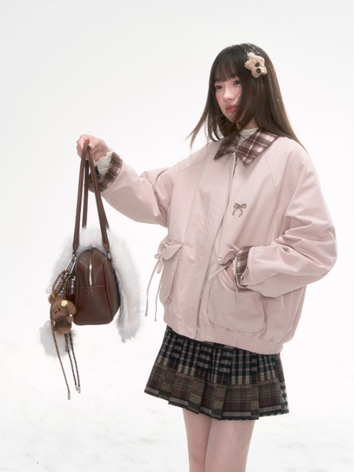 [CAN] Pink Contrast-Collar Padded Jacket with Plaid Detail