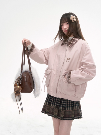 [CAN] Pink Contrast-Collar Padded Jacket with Plaid Detail