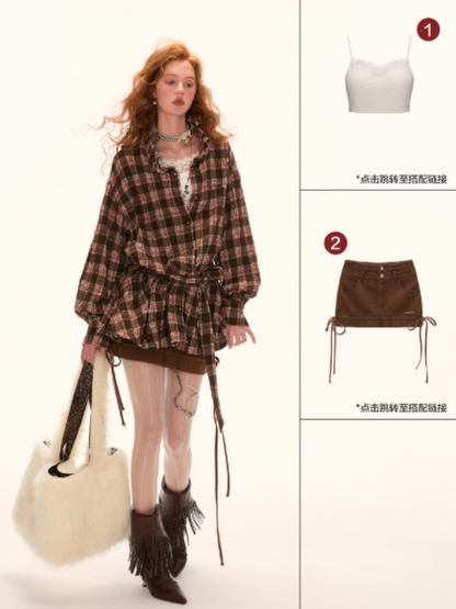 MAMC - Brown Bow Plaid Shirt Dress