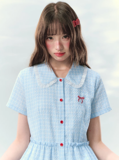 “Weaving Red Melody” Blue Plaid Tiered Ribbon Dress SJ2026125