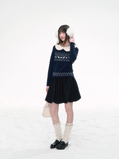 '雪绒甜心' Fair Isle Knit Top with Detachable Faux Fur Peter Pan Collar – Gray/ Navy