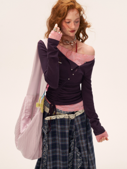 MAMC - Y2K Preppy Lace Trim Ruched Long Sleeve Top (Violet)