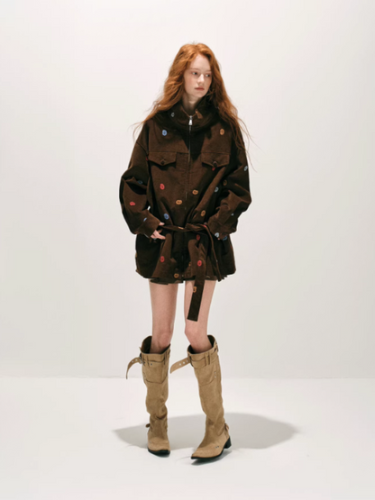 "秋风之廓" Embroidered Cotton Belted Trench Jacket