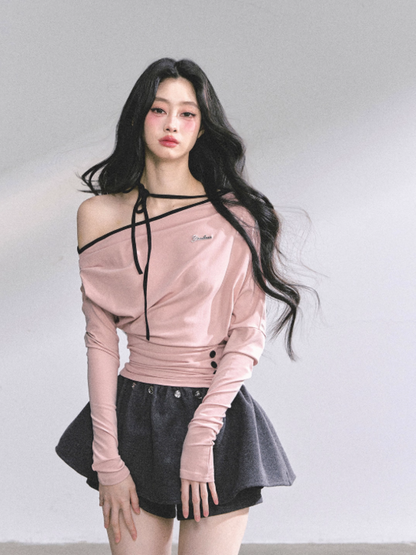少也眼 K-pop Trainee Off-Shoulder Halter Long Sleeve Top (Pink)