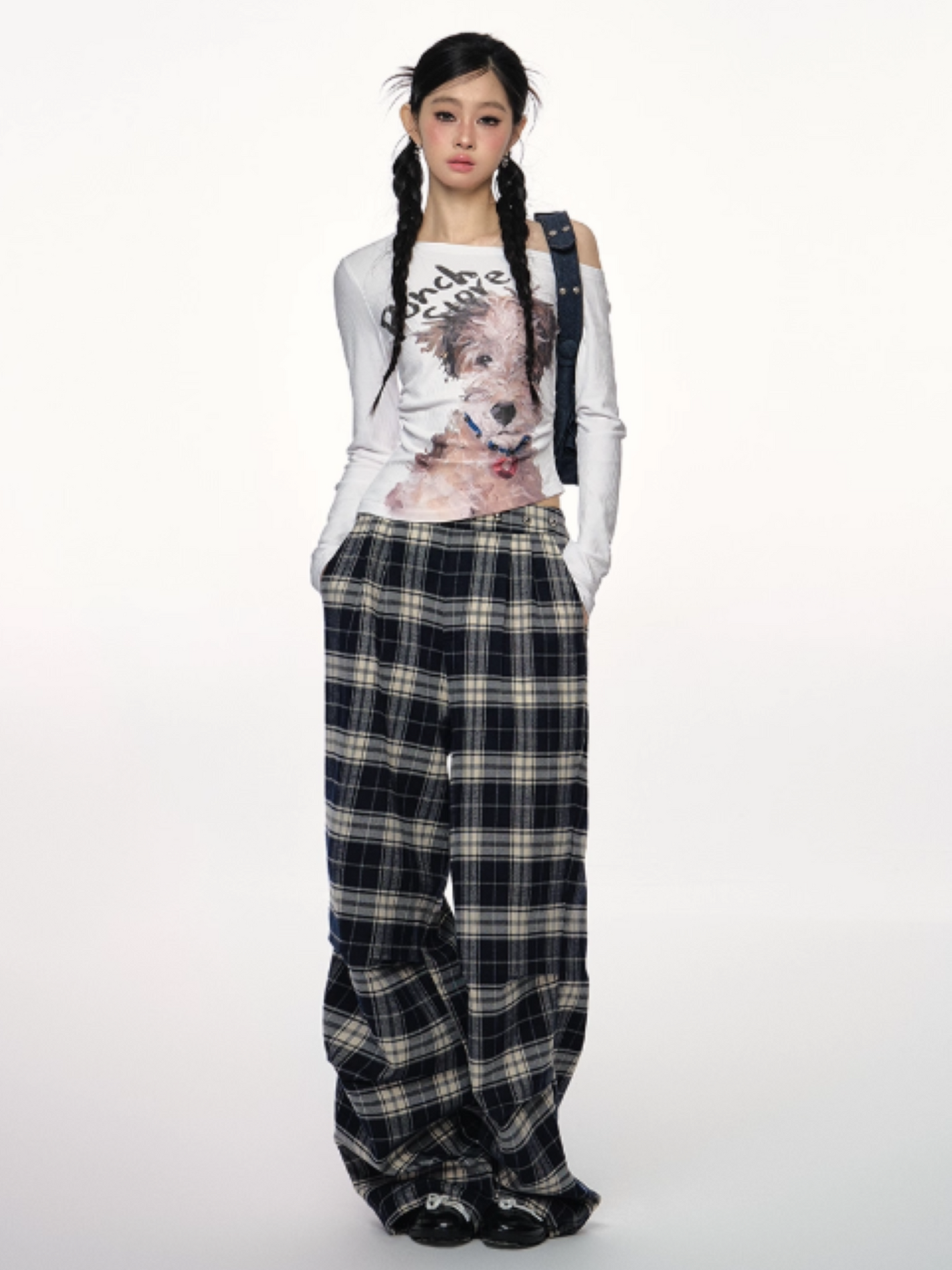 PCH - Asymmetrical Studded Off-Shoulder Top with Dog Print