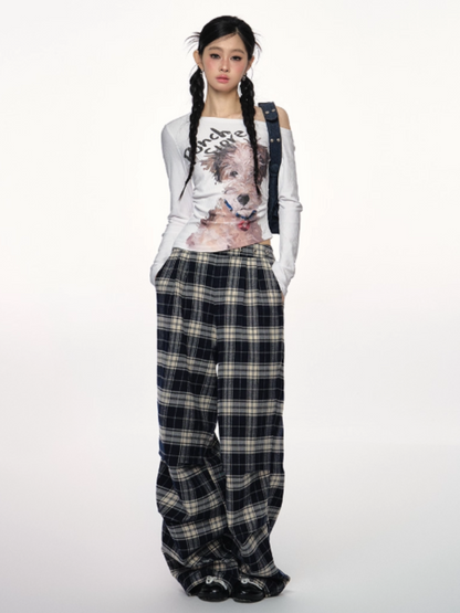 PCH - Asymmetrical Studded Off-Shoulder Top with Dog Print