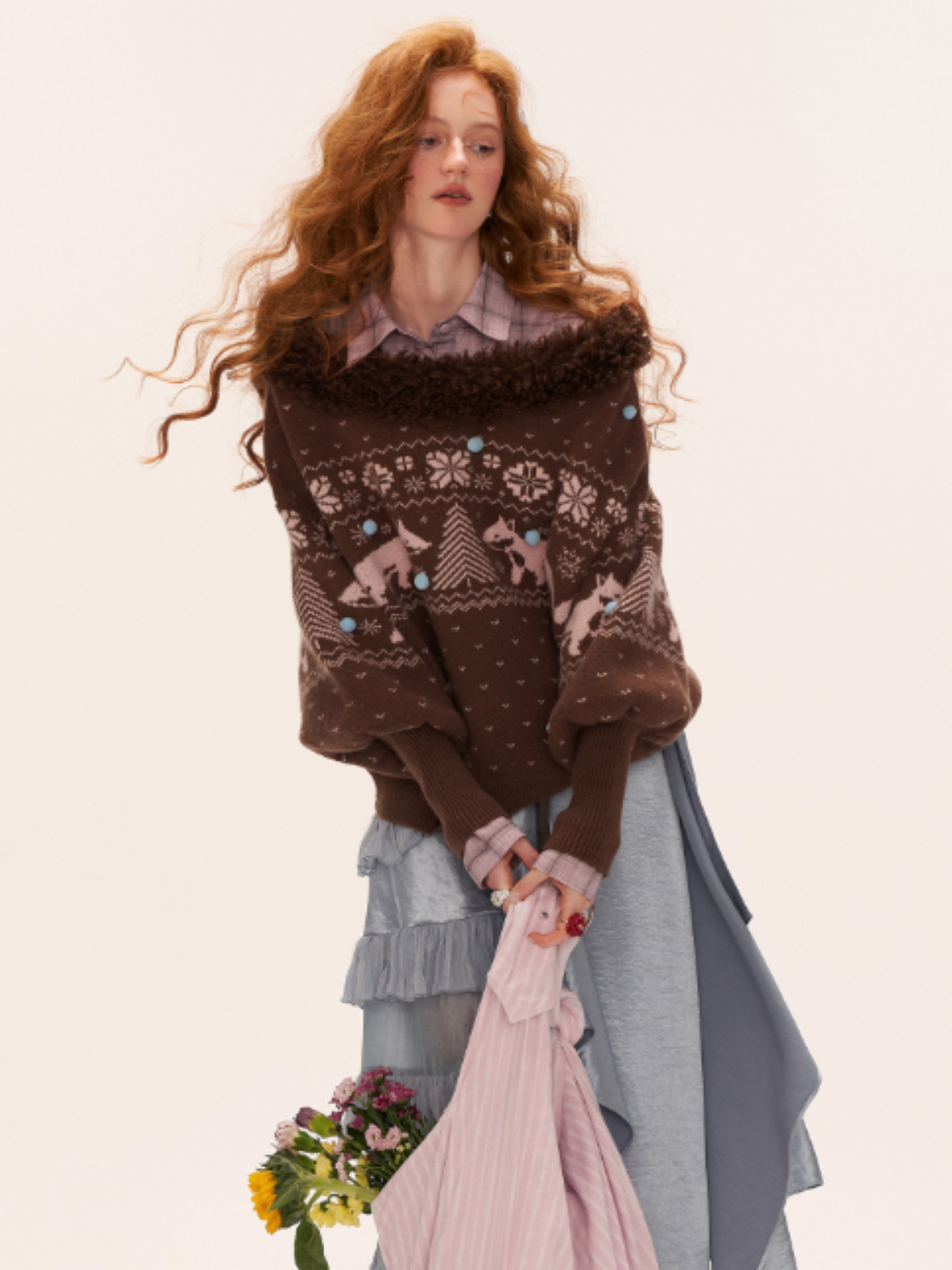 MAMC - Fox Fair Isle Deep V-Neck Oversized Sweater WE780 (Mocha)