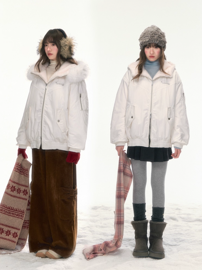 "Dreamscape" White Reversible Faux-Fur Aviator Jacket LL2025474