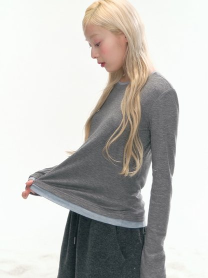"Cream Cloud" Gray - Blue Colorblock Wool Knit Top LL2025471