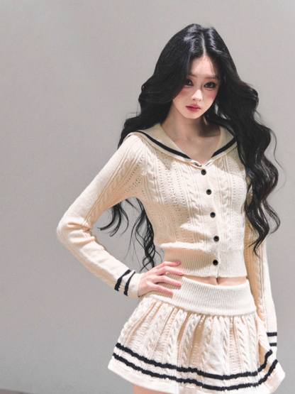 "晚风的低语" French Knit Co-ord Set – Beige Top & Mini Skirt