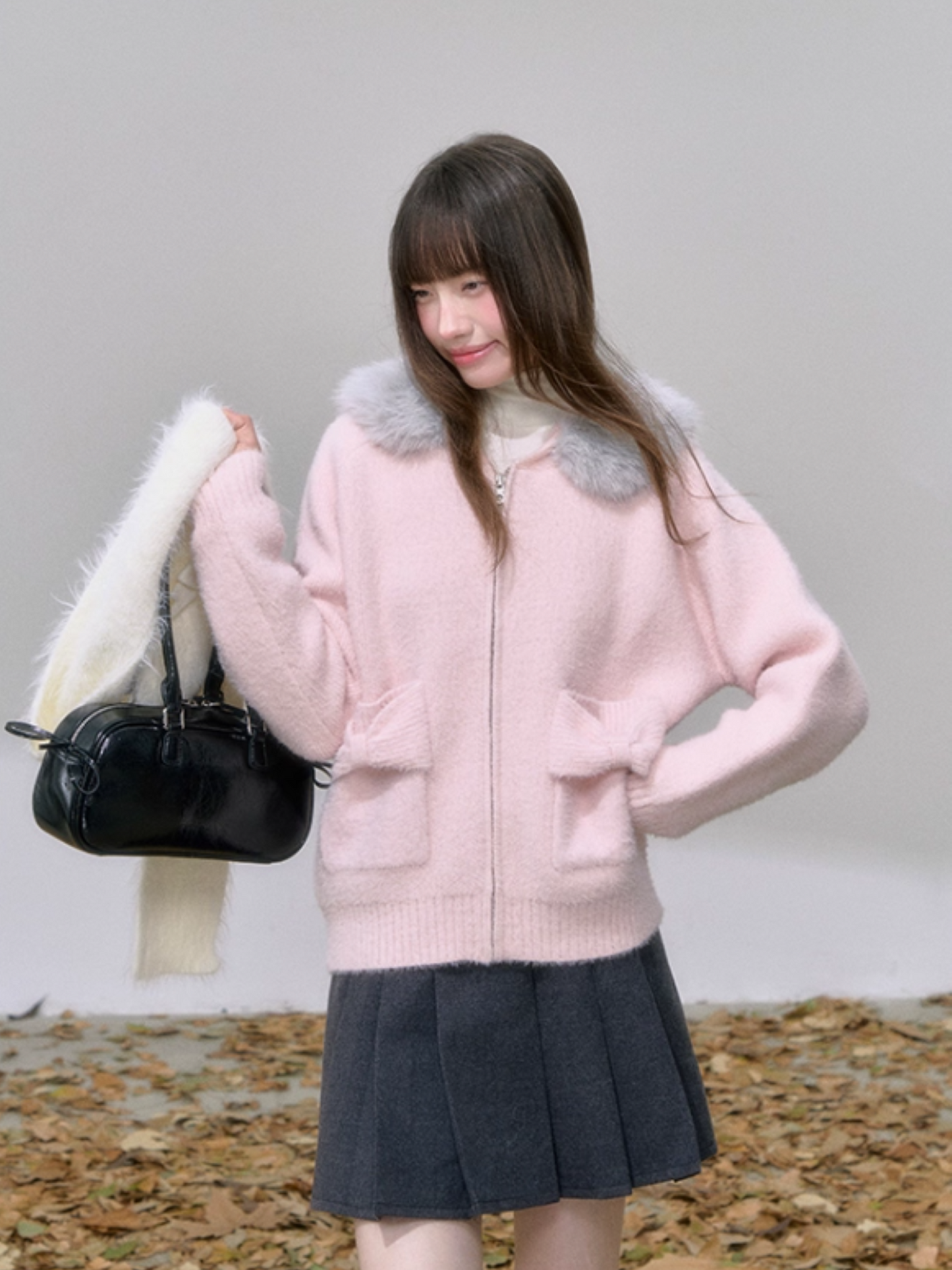 "糖霜玫境" Soft Girl Bow Pocket Hoodie Cardigan – Pastel Pink/ Milky White