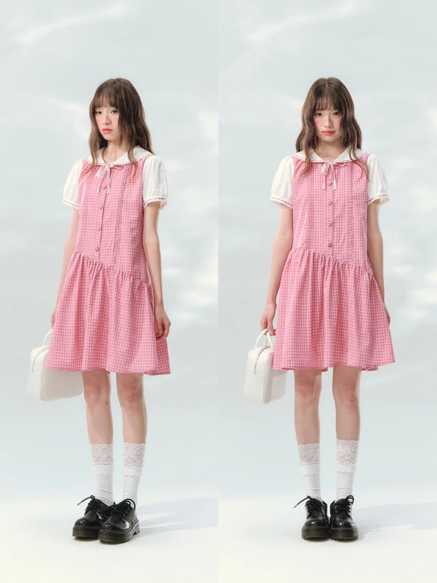 “Peach Plaid Academy” Pink Plaid Peter Pan Dress LL2026152