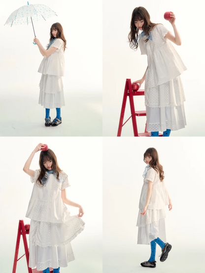 White Embroidered Peter Pan Collar Skirt Set LL2026088