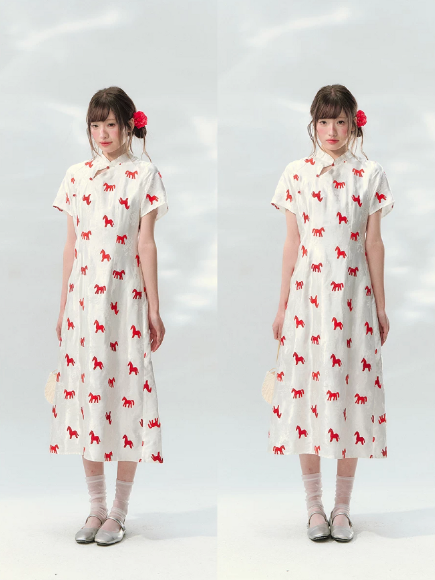“Crimson Steed Reverie” Red Embroidered Cheongsam Dress LL2026165