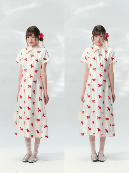 “Crimson Steed Reverie” Red Embroidered Cheongsam Dress LL2026165