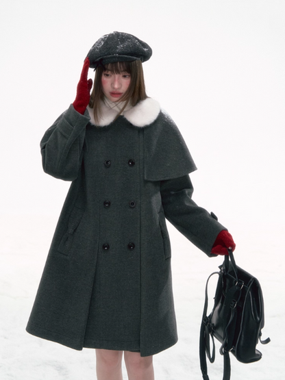 "英伦课表" Dark Gray Wool-Blend Coat with Detachable Cape