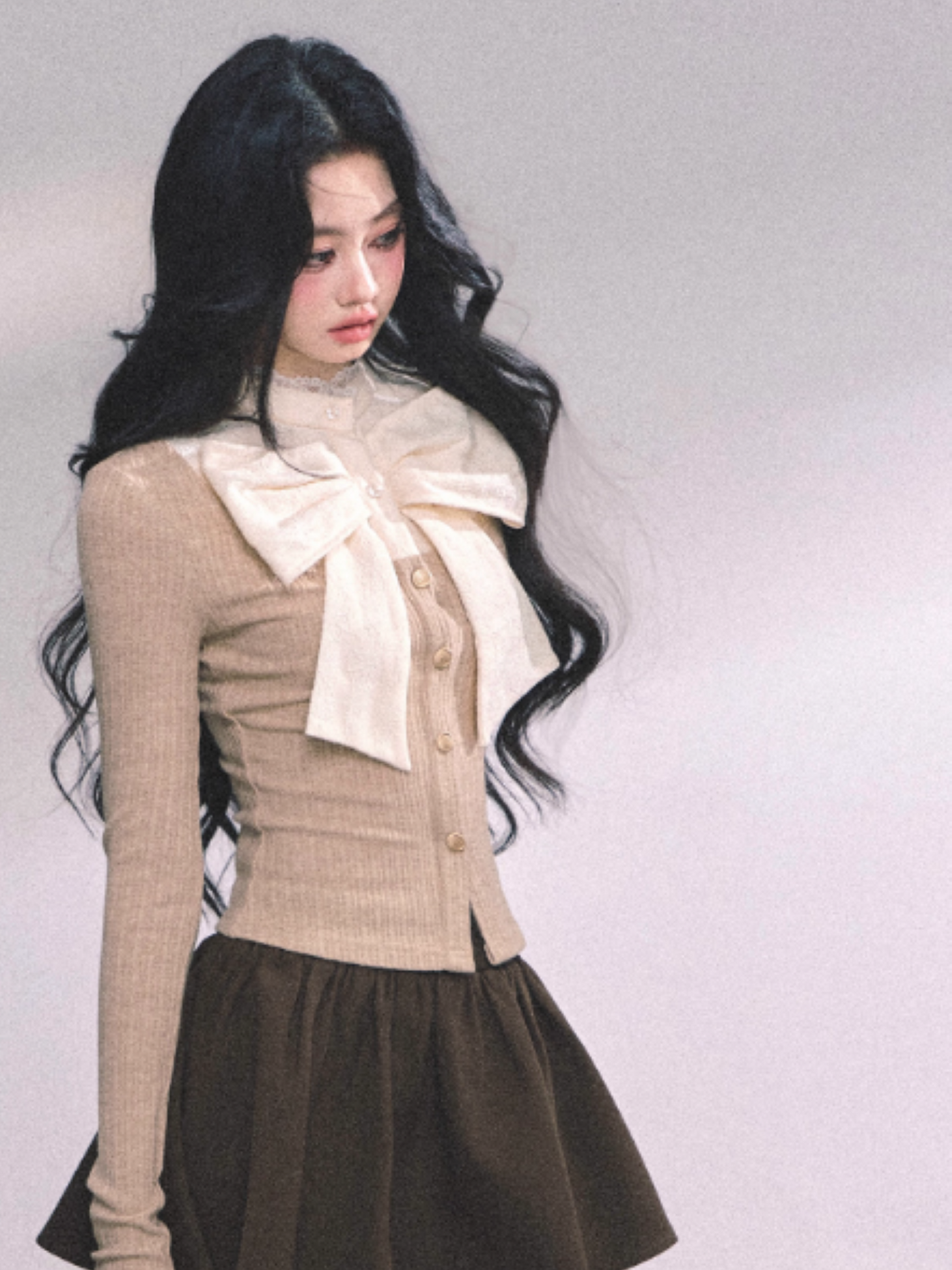 少也眼 French Bow Lace Knit Layered Long Sleeve Top