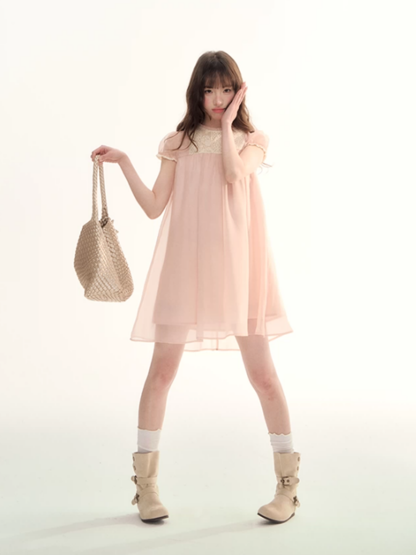 Sheer Lace Trim Puff Sleeve Babydoll Dress LL2026103