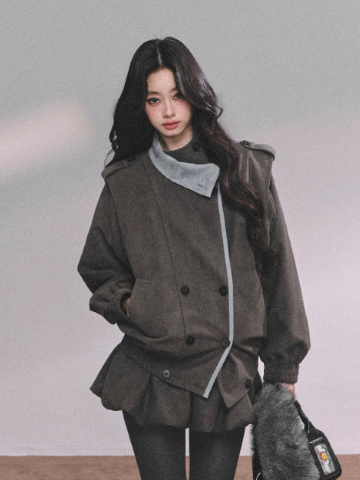 少也眼 Elegant French-Inspired Grey Jacket and Skirt Set