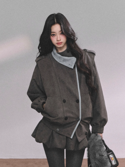 少也眼 Elegant French-Inspired Grey Jacket and Skirt Set