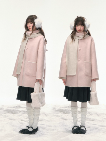 "Morning Verse & Night Poem" Reversible Wool Two-Tone Overcoat - Pink × White LL2025455