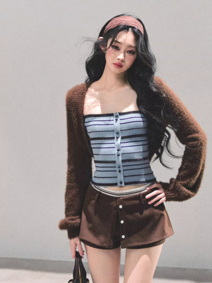 少也眼 Autumn Breeze Striped Knit Slim Vest Tee