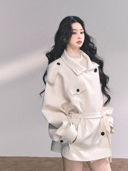 少也眼 British-Inspired Loose Wool-Blend Trench Coat
