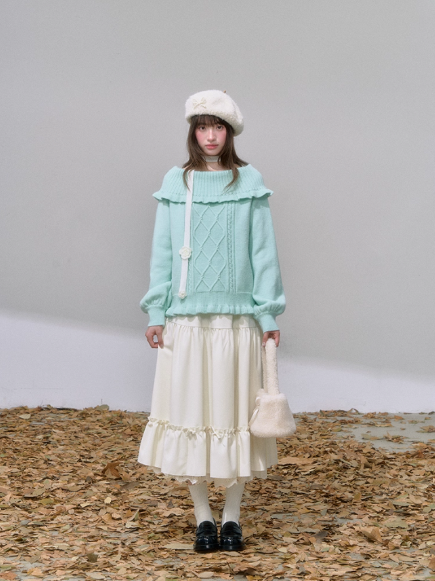 "薄荷云诗" Mint Green Korean Off-Shoulder Cable Knit Sweater