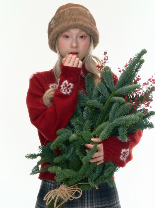 "Off-Season Garden" Red Jacquard Wool Turtleneck Knit Top LL2025304