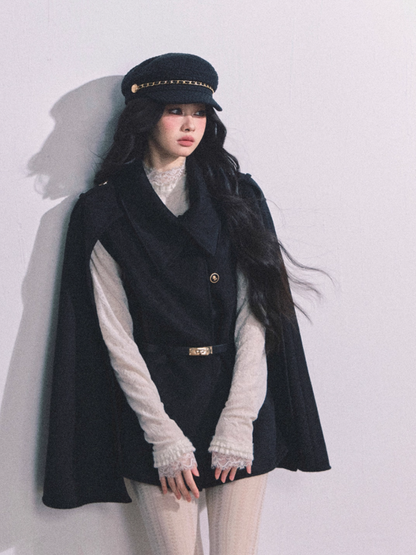"巴黎新贵" French Heiress Waist-Cinched Cape Blazer