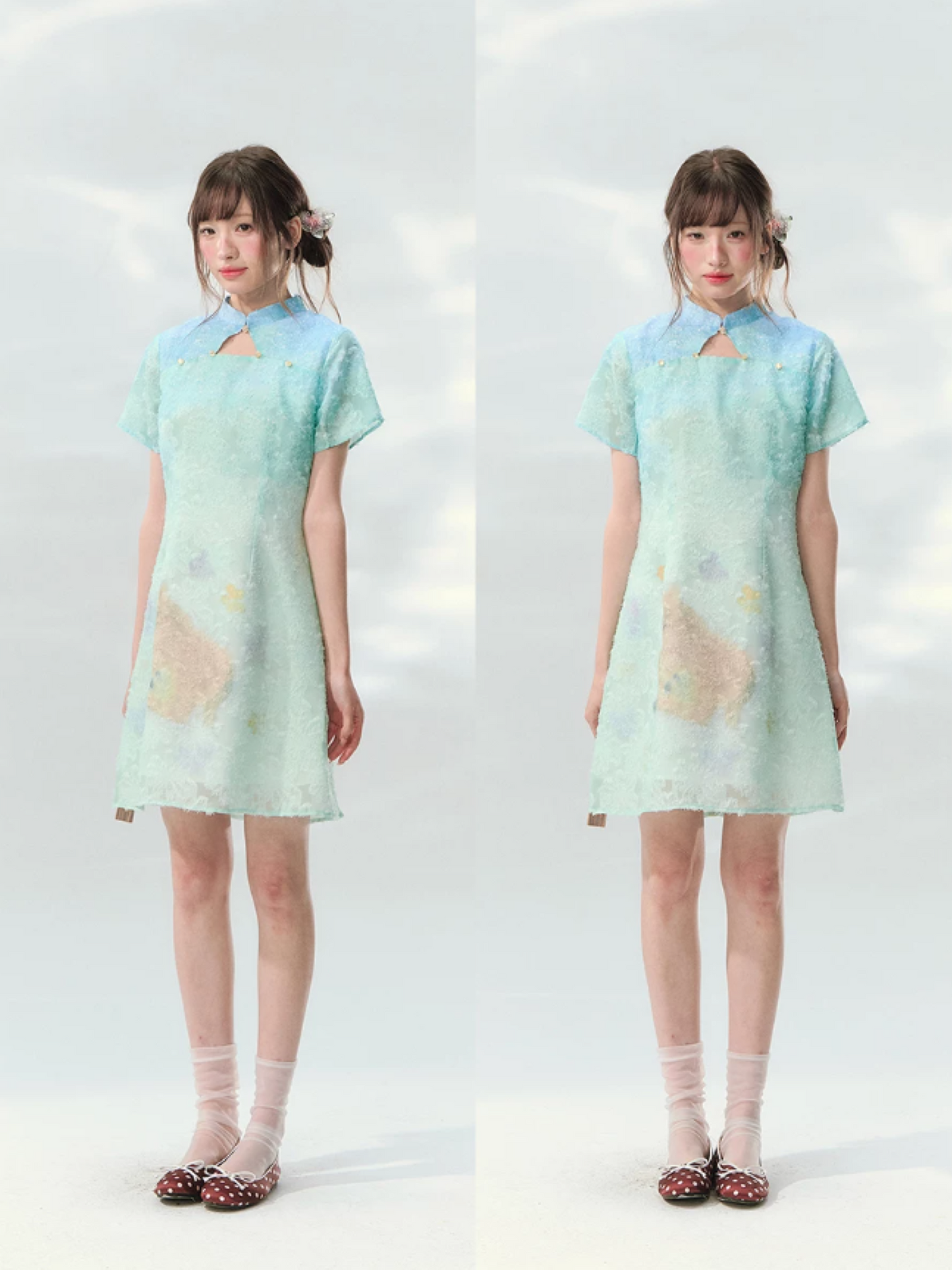 “Velvet Deer Whisper” Teal Deer Print Cheongsam Dress LL2026174