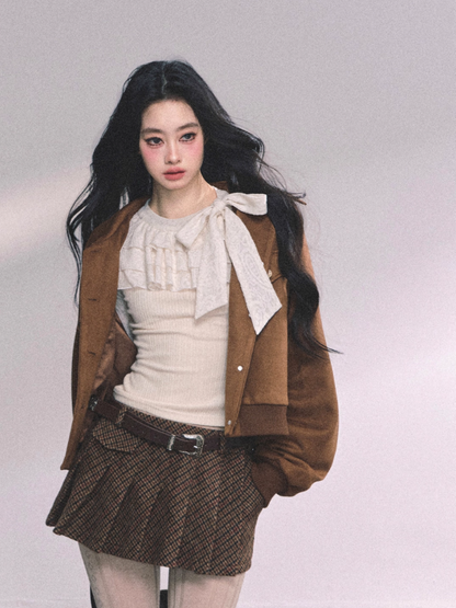 少也眼 Moon-lit Ruffle Lace Knit Layered Long Sleeve Top
