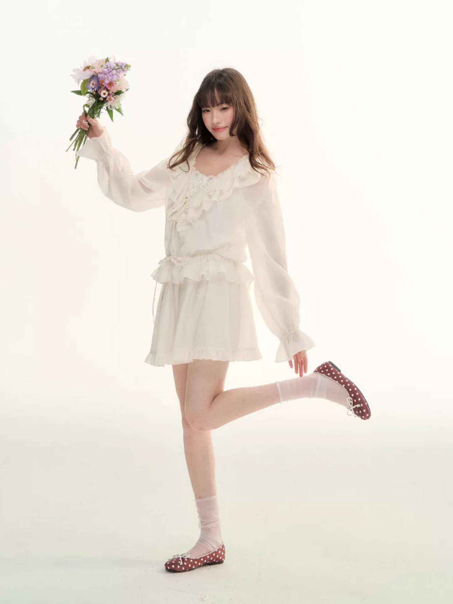 Camellia Mist Ruffle Cardigan & Mini Skirt Set WW2026107