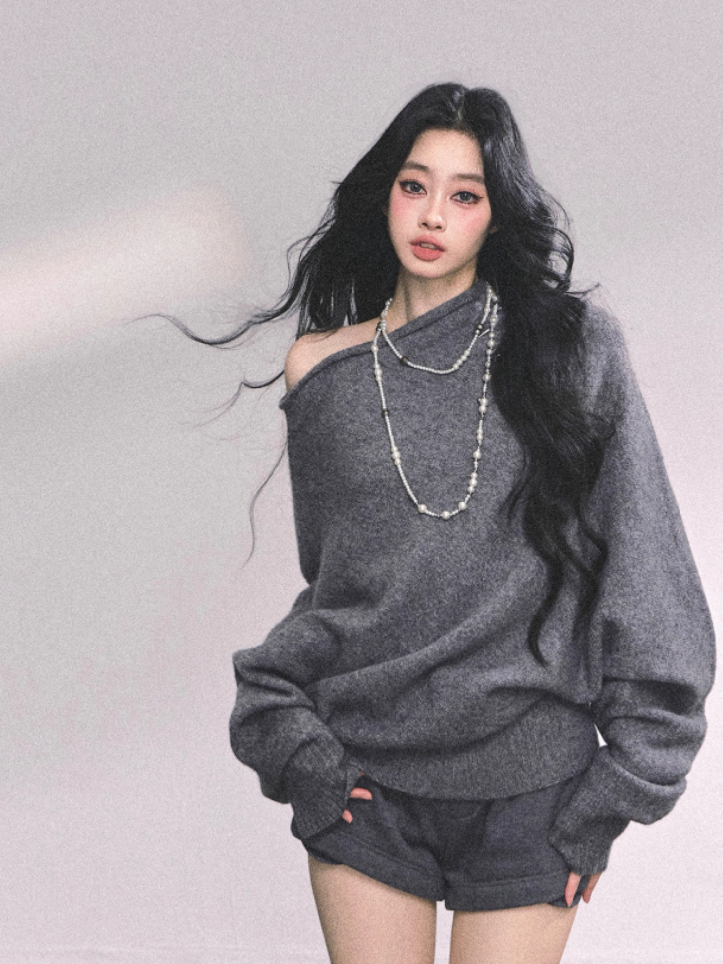 少也眼 Korean Off-Shoulder Slouchy Knit Sweater