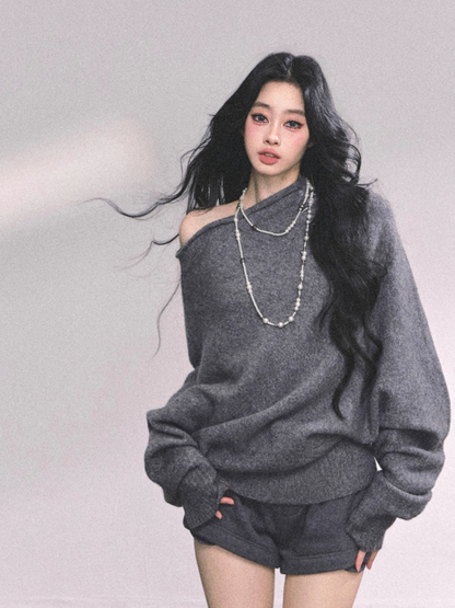 少也眼 Korean Off-Shoulder Slouchy Knit Sweater