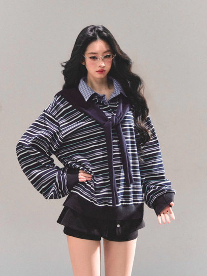 少也眼 "Unfinished Poem" Striped Polo Long Sleeve - Navy Striped
