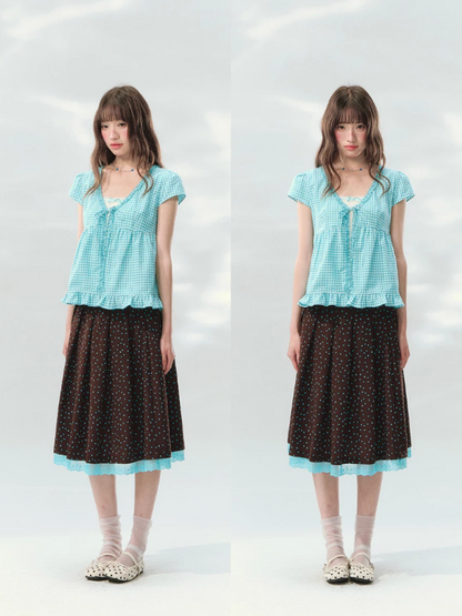 “Sea Salt Letters” Plaid Lace Layered Skirt Set  LL2026168