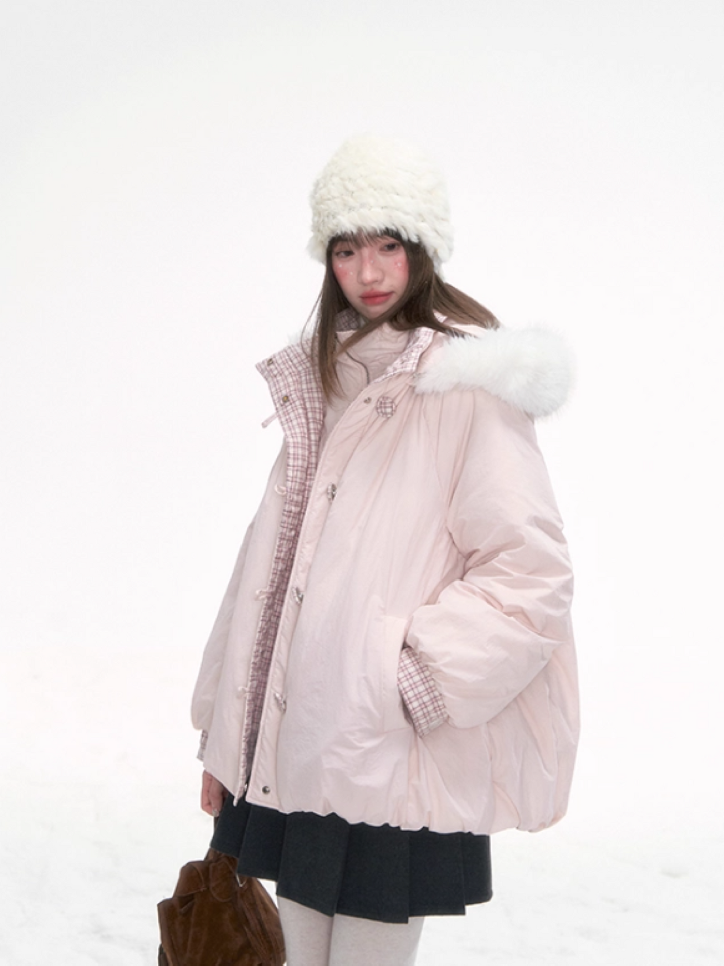 "Snow Mirage" Layered Bloom Down Parka – Pink Faux Two-Piece Hooded Coat with Fur Trim