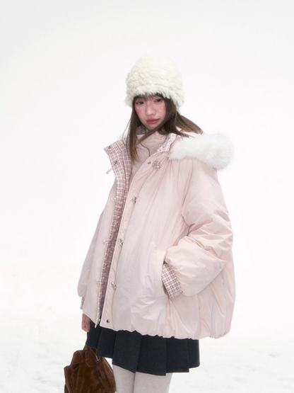 "Snow Mirage" Layered Bloom Down Parka – Pink Faux Two-Piece Hooded Coat with Fur Trim