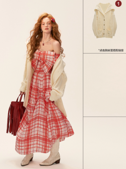 MAMC - Red Plaid Bow Maxi Dress – Off-Shoulder Waist-Cinched Vacation Outfit