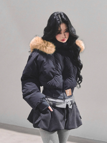 少也眼 Korean Preppy Short Puffer Jacket - Navy Blue